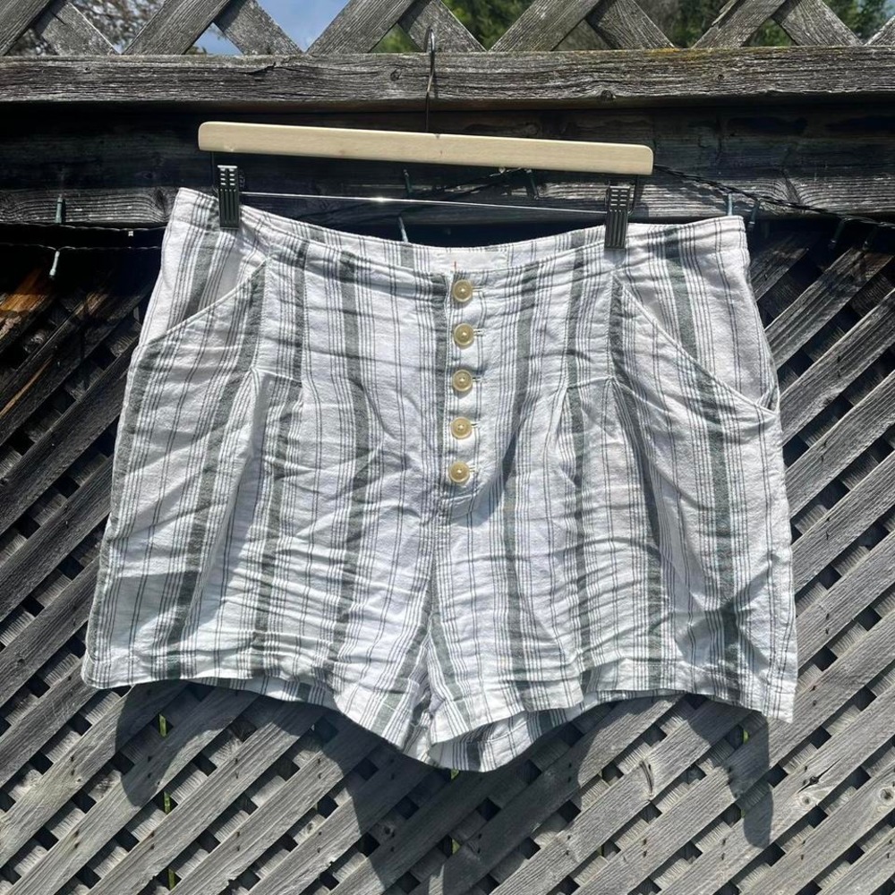 Anthropologie High Waisted Shorts Linen Cotton White Green Stripes‎ 14 Boho
